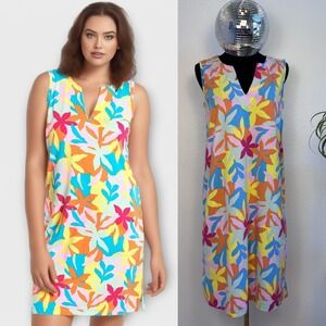 Lands End Floral Sleeveless Shift Dress, M/L Colorful Summer Beach cover up